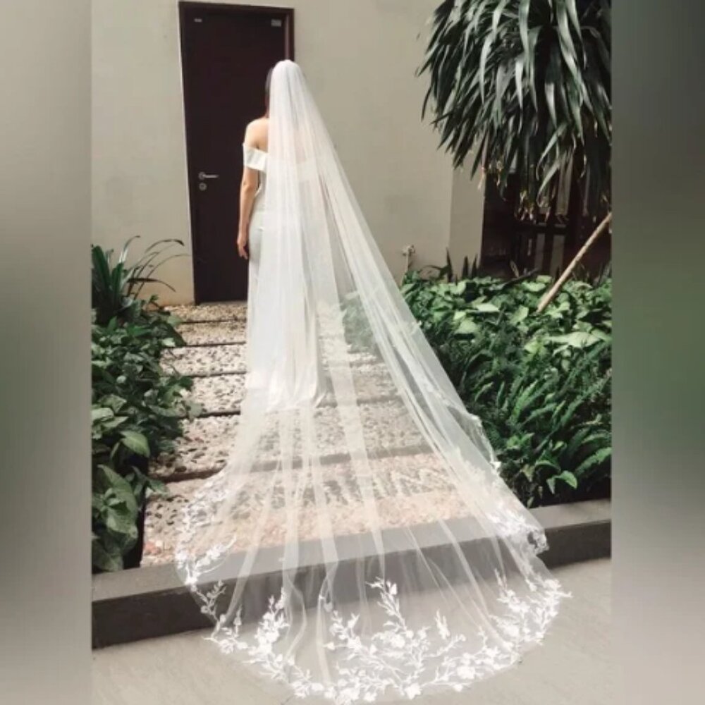 Cathedral Tulle Floral Wedding Veil with Comb